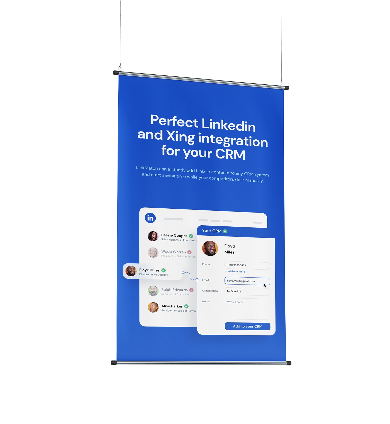 LinkMatch promotional hanging banner showcasing LinkedIn and Xing CRM integration features