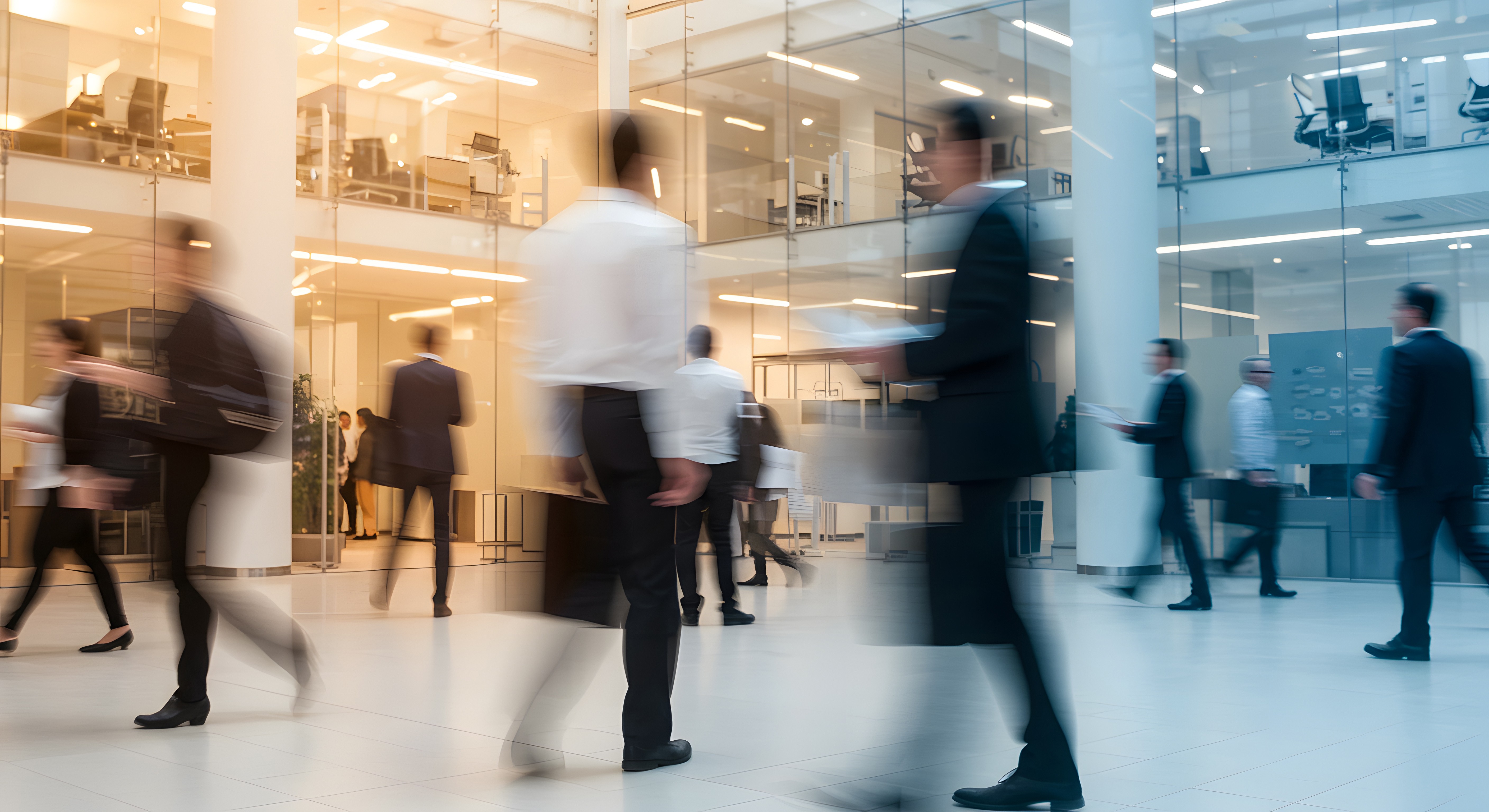 Modernes Bürogebäude mit Glasfassade, in dem mehrere Fachpersonen in Bewegungsunschärfe durch eine offene Lobby gehen, als Symbol für dynamische Organisationsabläufe, bereichsübergreifende Zusammenarbeit und abgestimmte Governance über verschiedene Fachbereiche hinweg.