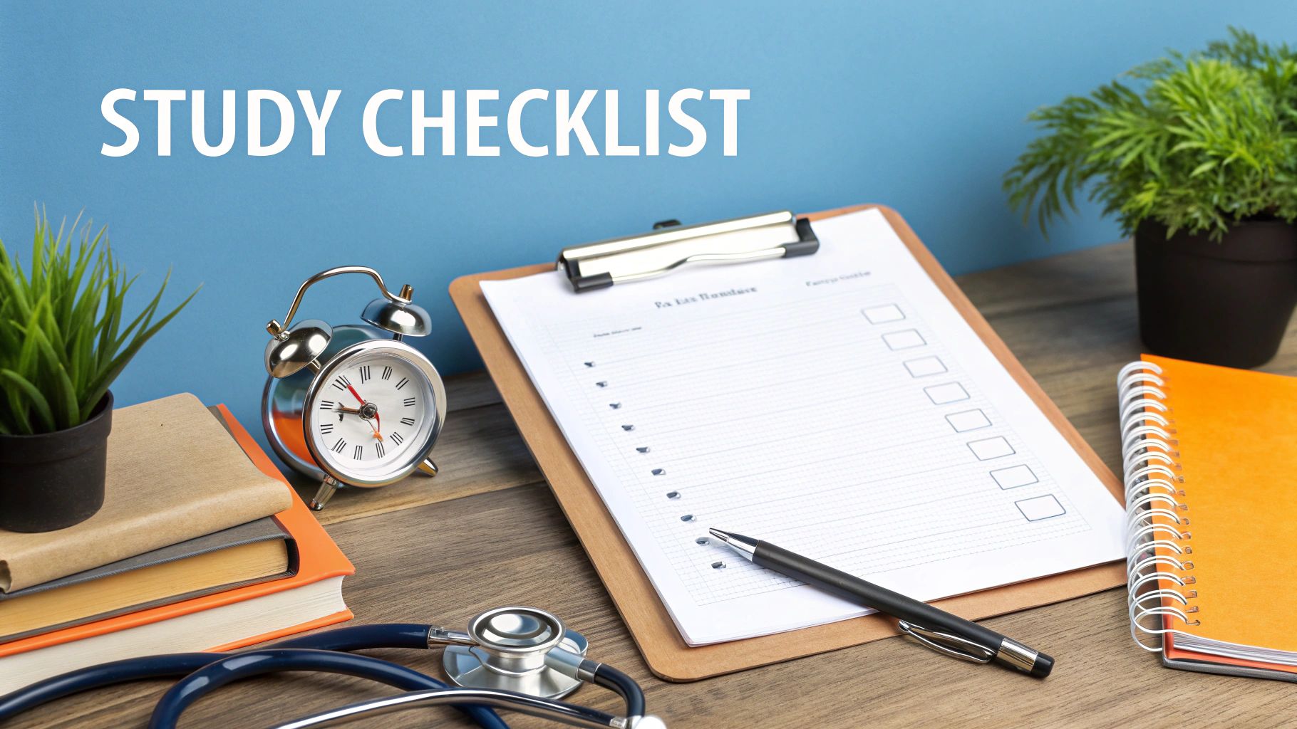 A study checklist on a clipboard with books, an alarm clock, and a stethoscope on a wooden desk.
