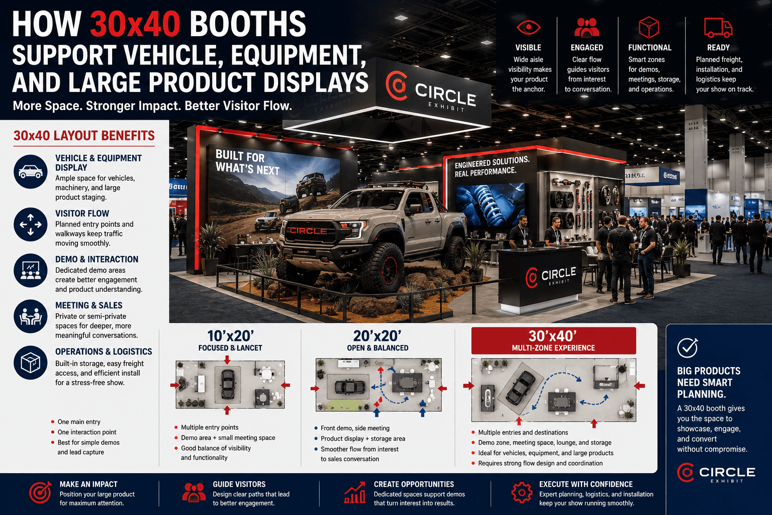 30x40 trade show booth layout with vehicle display, equipment staging, wide aisle visibility, demo zone, meeting counter, freight access, and large product installation planning