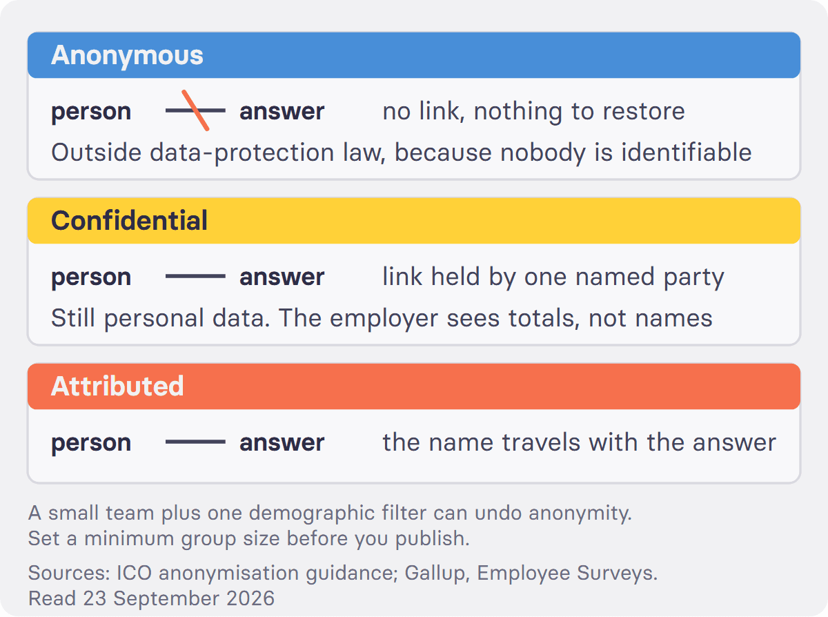 In an anonymous survey nobody holds a link between the answer and the person, so the link cannot be restored. In a confidential survey the link exists and is held by someone, usually the survey provider, and is not shown to the employer. In an attributed survey the answer carries a name. Only the first state takes the answer outside data-protection law.