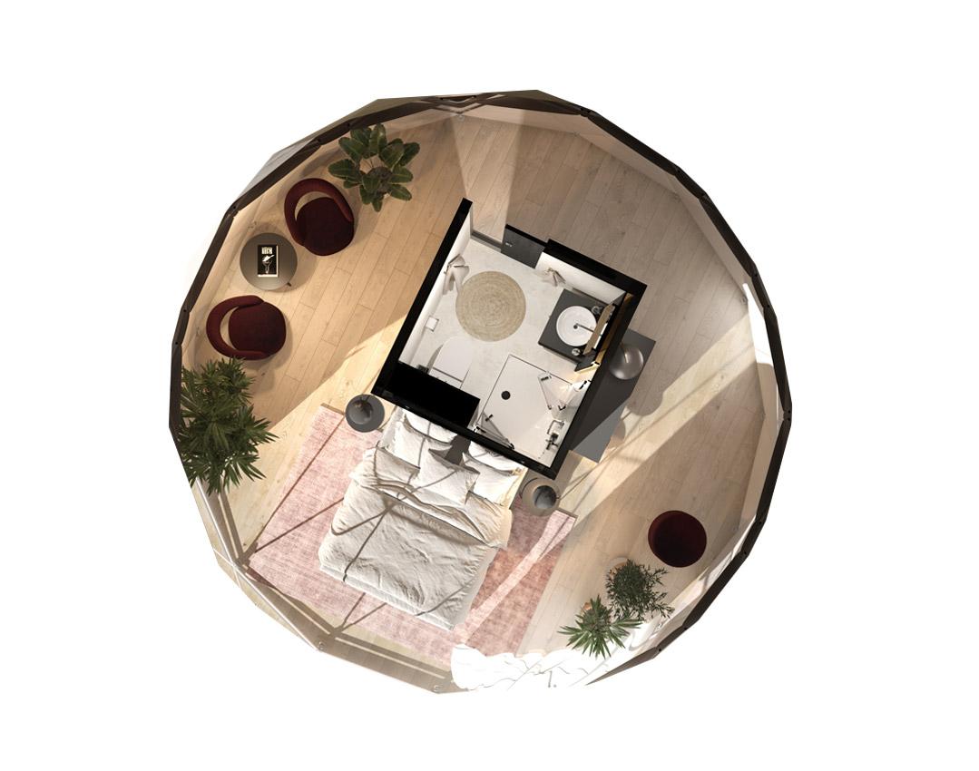 graphic of inside of geodesic dome with a bed, two chairs and a interior module