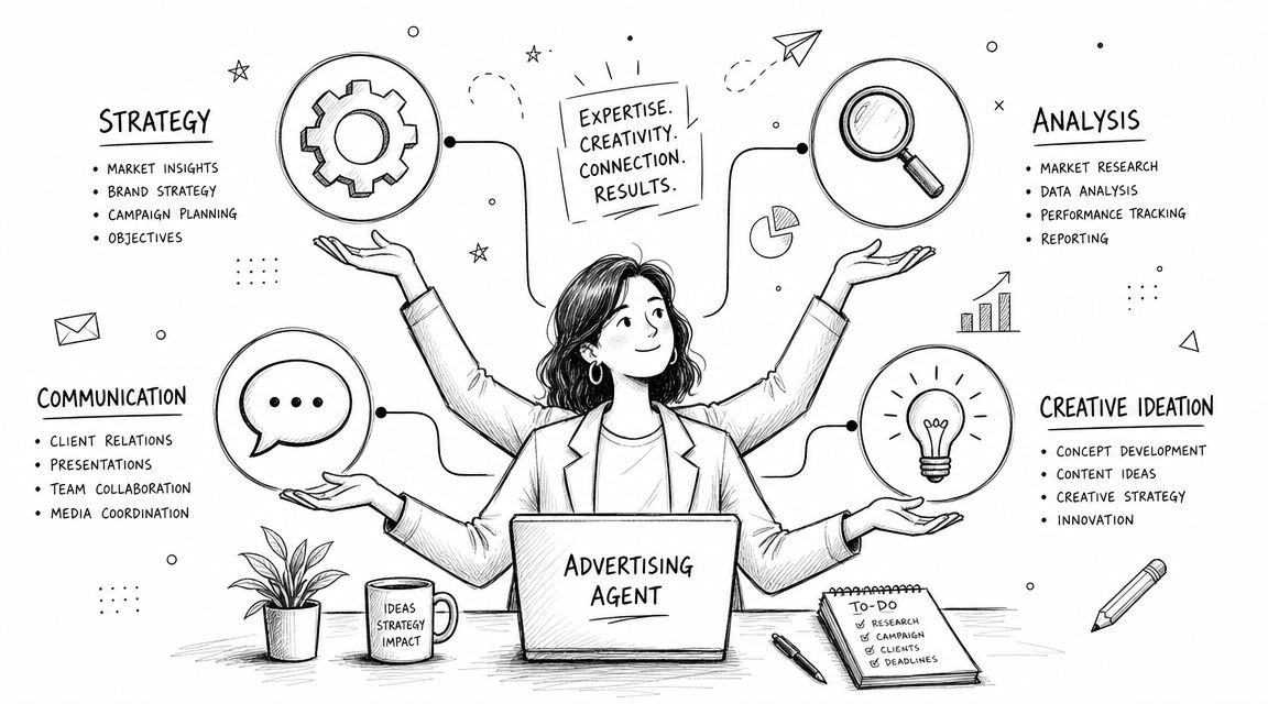 A professional advertising agent managing multiple tasks including strategy, analysis, communication, and creative ideation in an office.