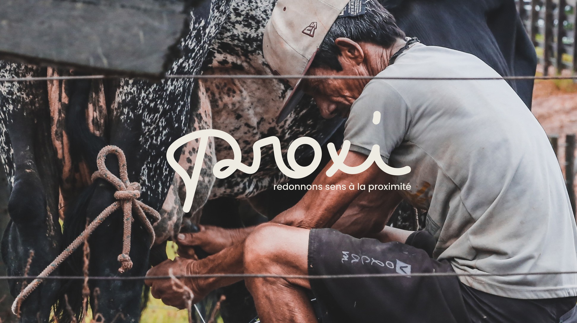 Logo Proxi Redonnons sens à la proximité sur une photo d'un éleveur en train de traire une vache.