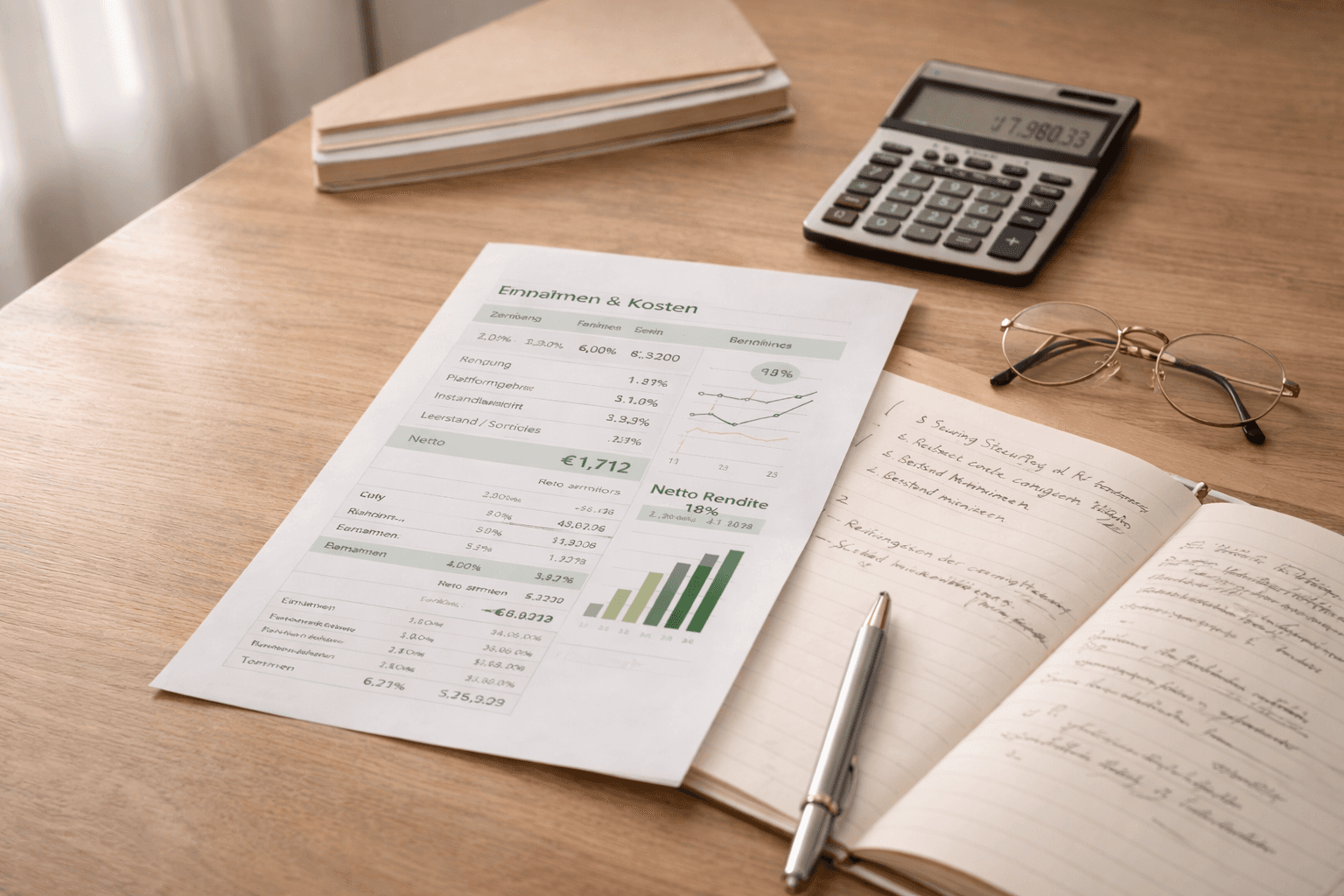 Renditeberechnung einer Kurzzeitvermietung mit Einnahmen, Kosten und Kalkulation auf einem Schreibtisch