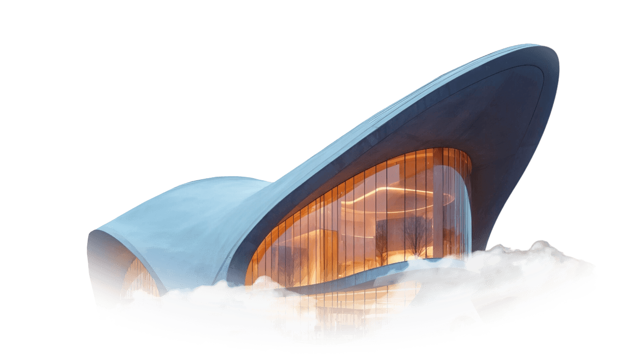 A futuristic building featuring a sleek, curved roof design against a clear blue sky.