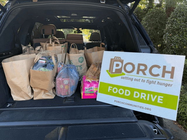 PORCH sign and groceries