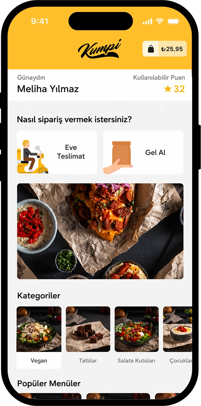 Mobil uygulamada restoran menüsü ve online sipariş ekranı