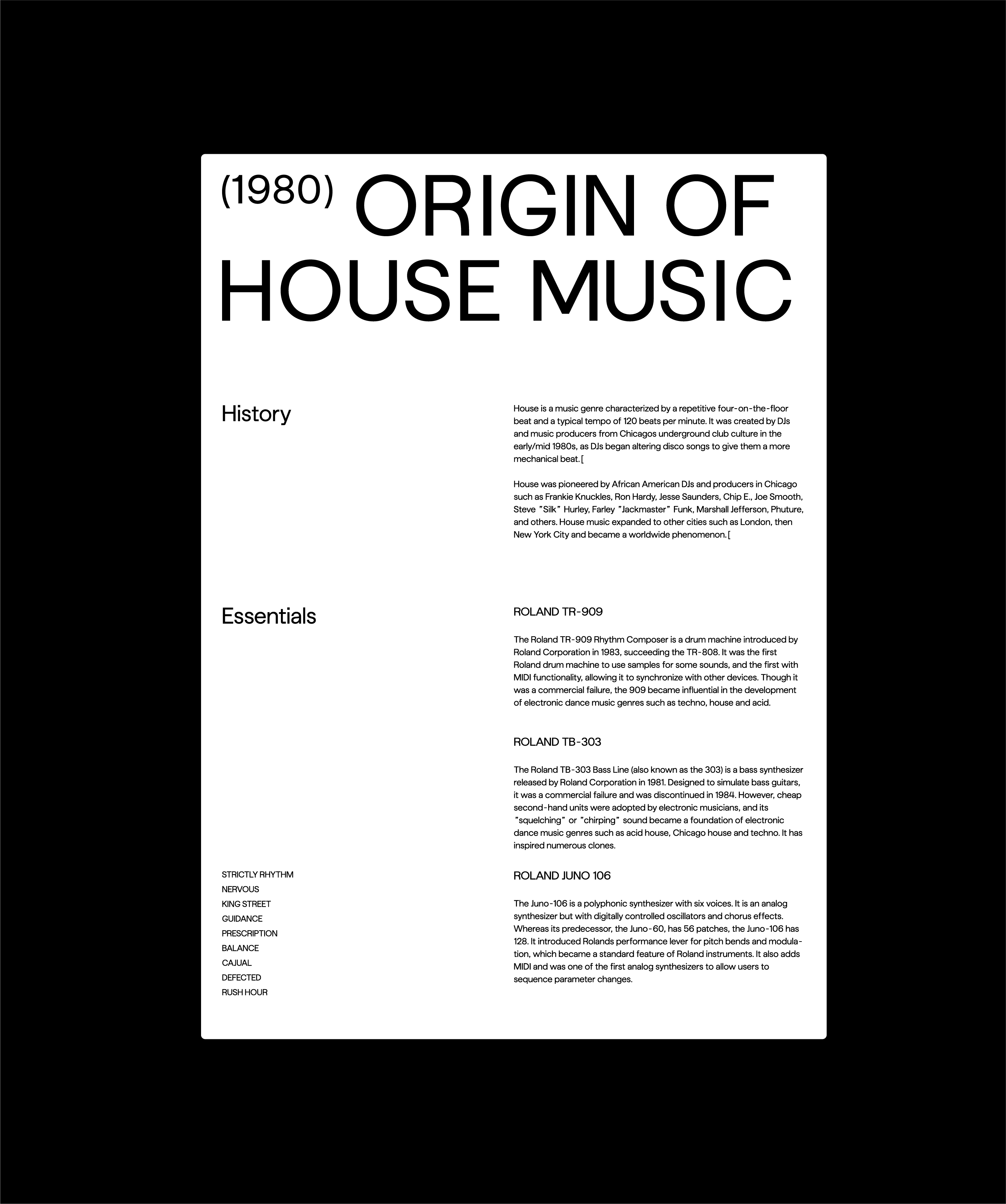 (1980) Origin of House Music poster with text and details on house music history and essentials.