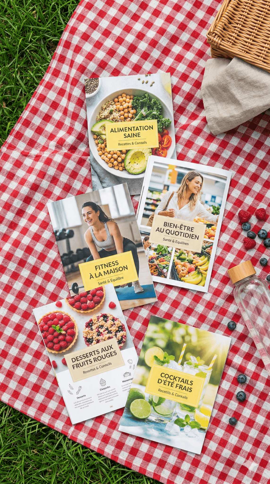 Visuel des 5 ebooks bonus Progrès-Fit sur une nappe de pique-nique : nutrition, fitness à la maison et recettes santé.