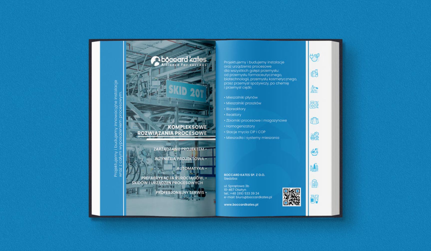 Projekt katalogu przemysłowego – nowoczesny skład tekstu i zdjęć na niebieskim tle.