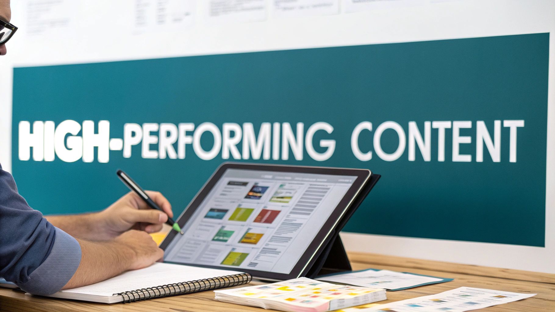 A person uses a stylus on a tablet and writes in a notebook, with 