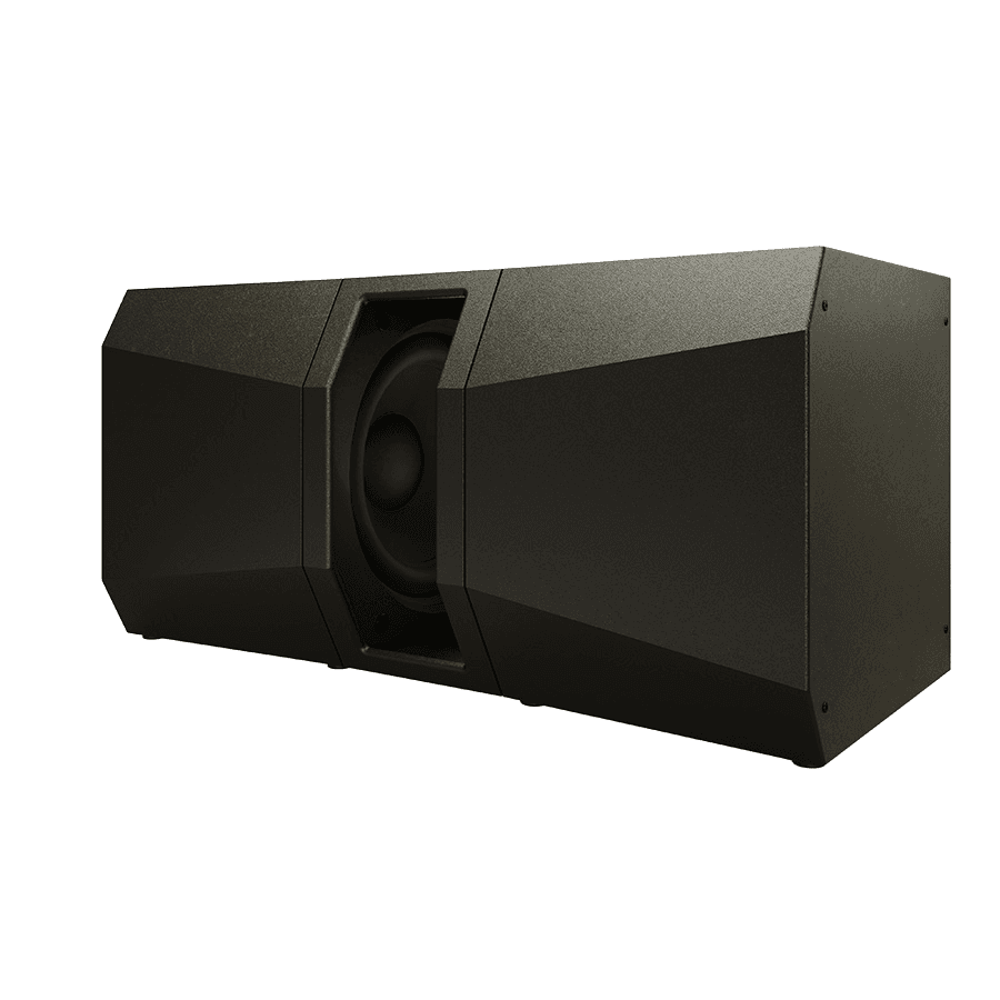 Black subwoofer with angled front panel