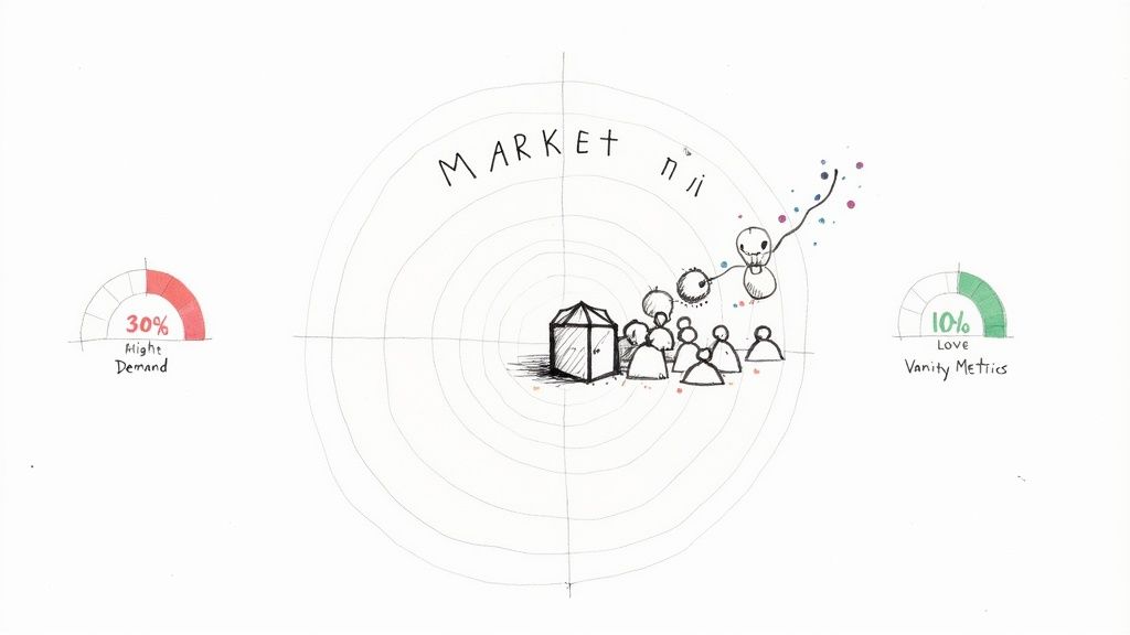 Hand-drawn diagram of market validation showing demand, product, users, and vanity metrics.
