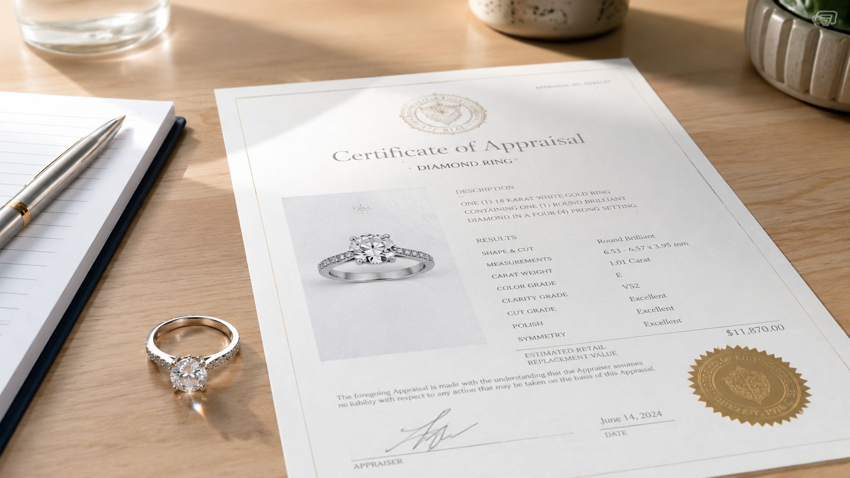 A diamond engagement ring sitting next to its certificate of appraisal on a wooden desk.