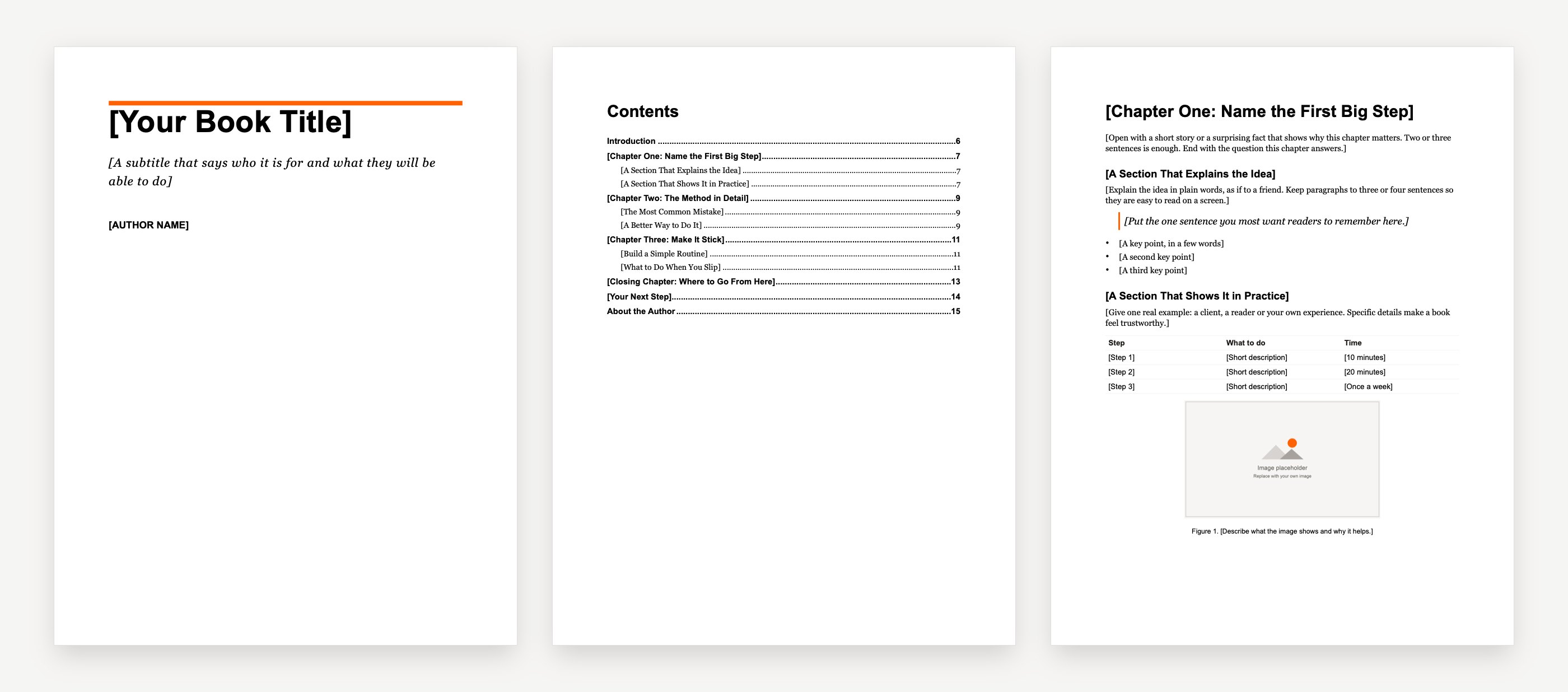 Three pages of the Word ebook template: the cover, the table of contents and a chapter page with a table and image placeholder