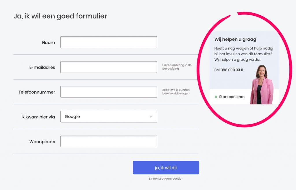 Voorbeeld van een hulpblokje bij een formulier