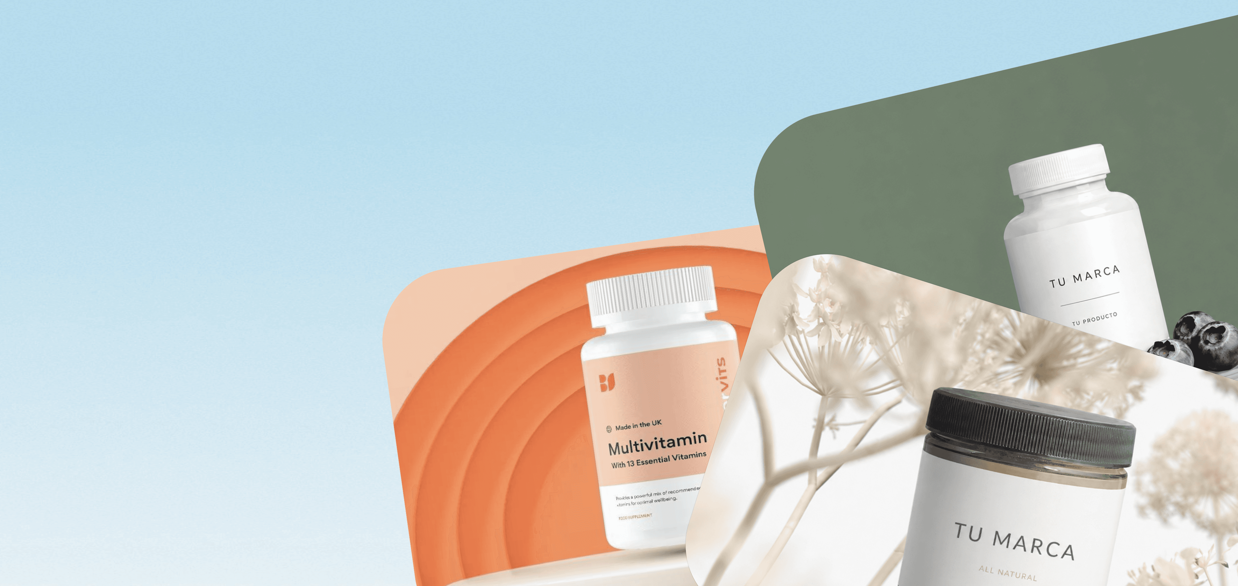 Mockups de productos con marca propia para ecommerce — suplementos y cosméticos personalizados para vender en Colombia | LABLLD