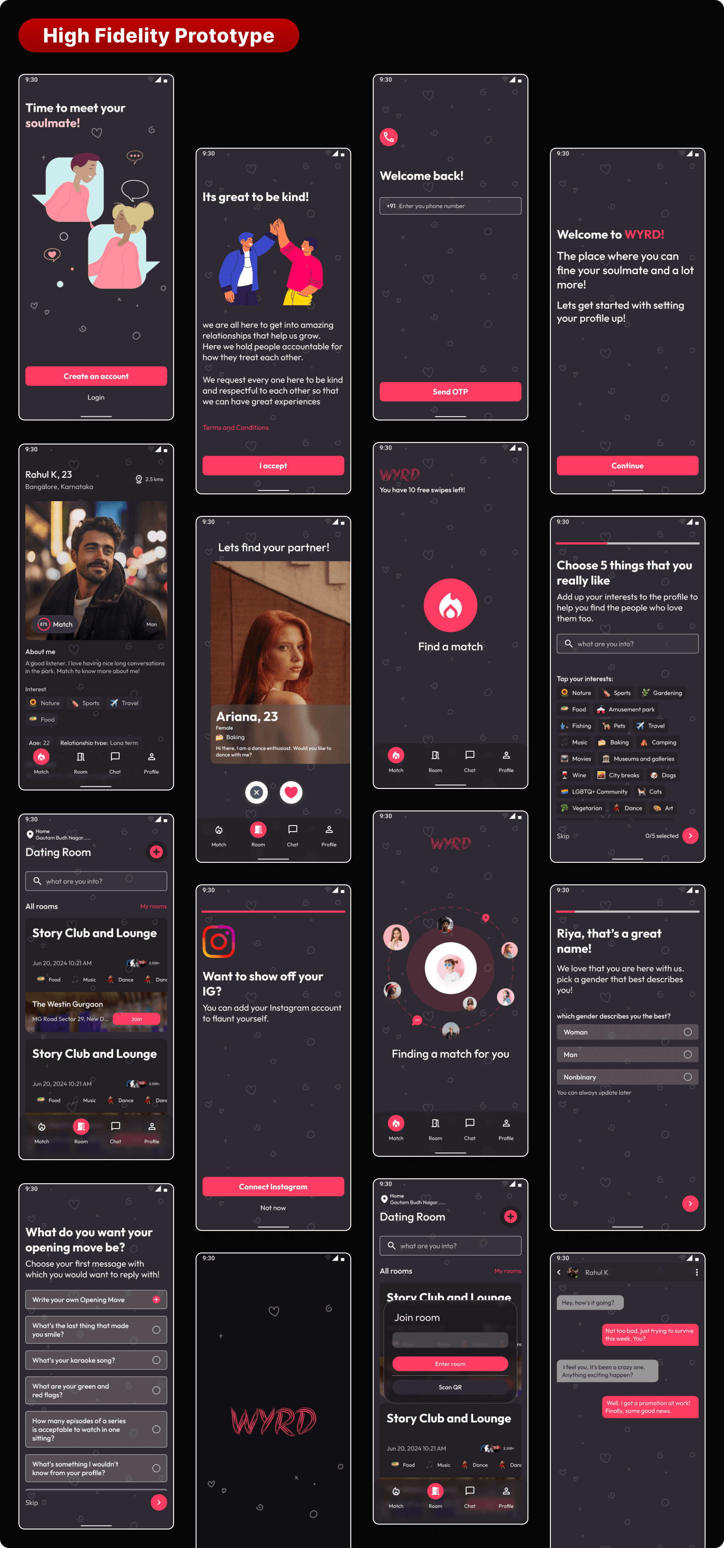 High Fidelity Wireframes of WYRD Project which include login, splash, onboarding, chat, match, finder screens.