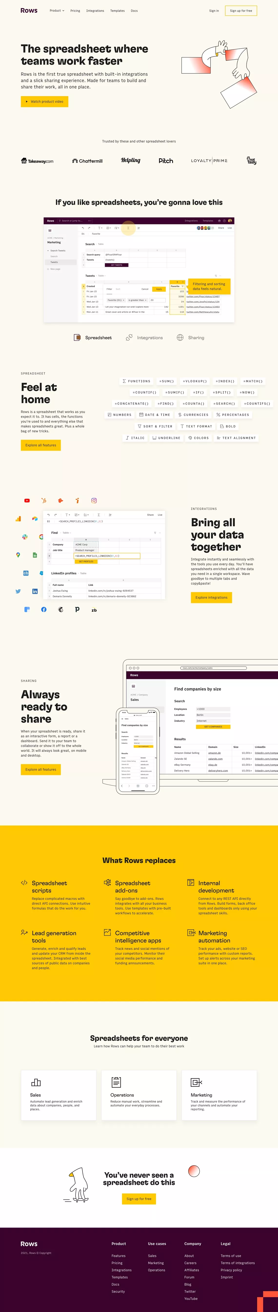Rows landing page screenshot showcasing Tech design