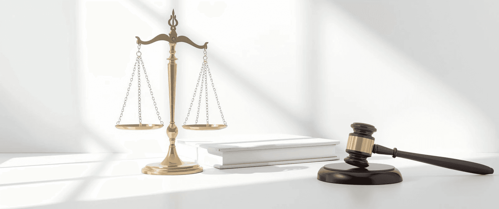 Waage und Richterhammer vor hellem Hintergrund. Symbole für Recht, Gesetz und Gerechtigkeit, ideal für Rechtsanwälte und Juristen.