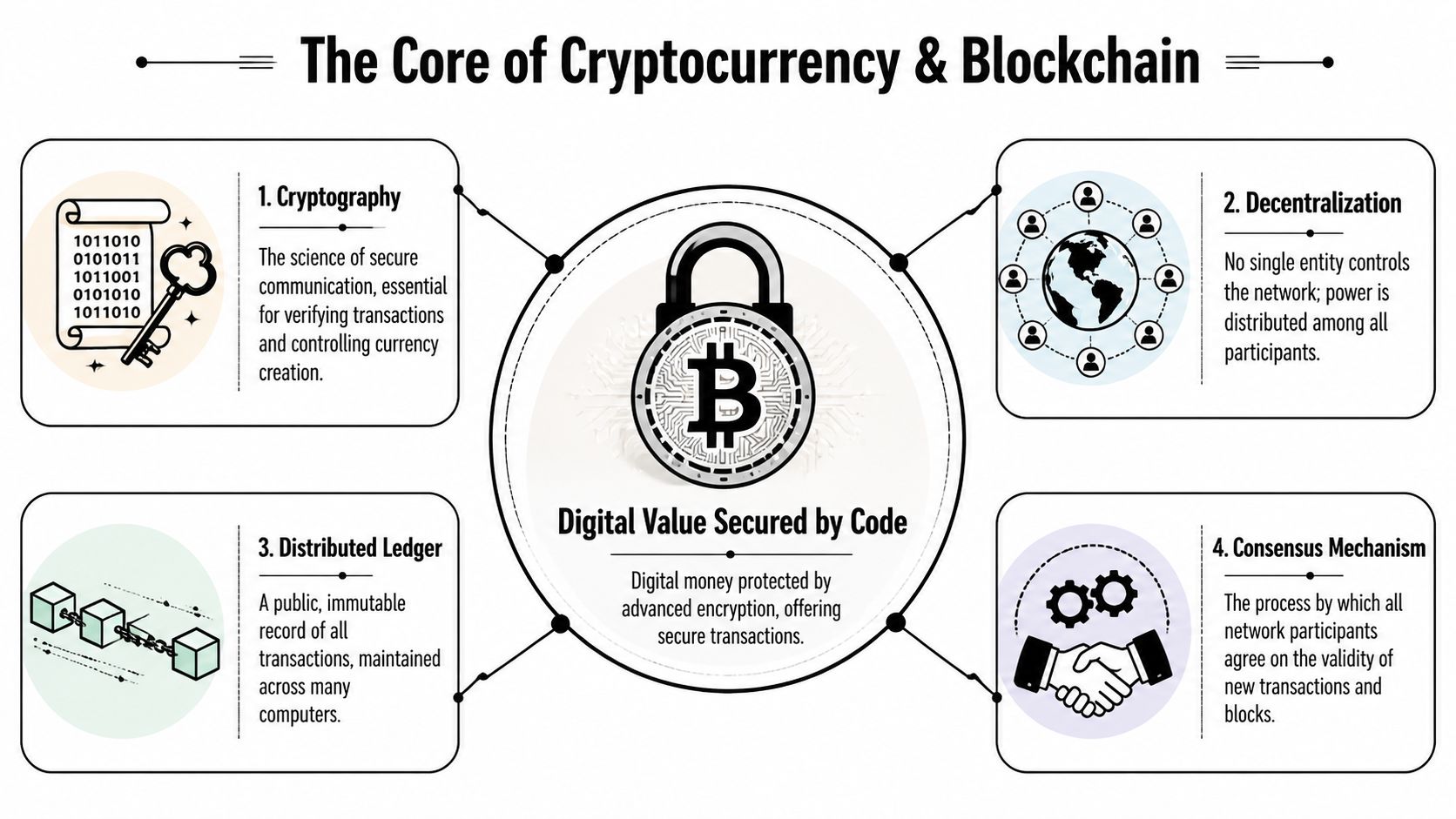 An infographic illustrating four key components of cryptocurrency and blockchain technology with descriptive icons and text.