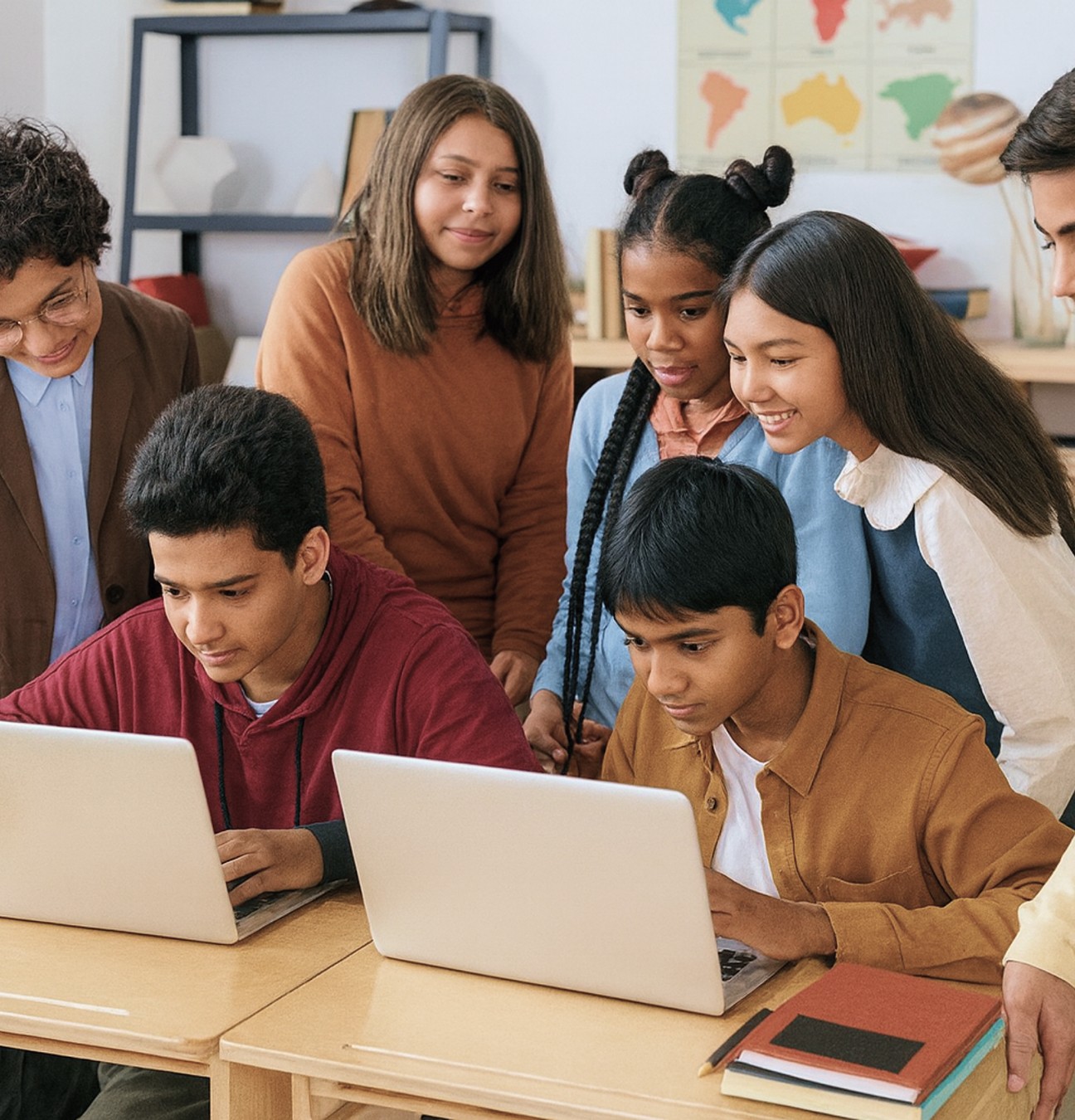 Students are working on laptops in a classroom