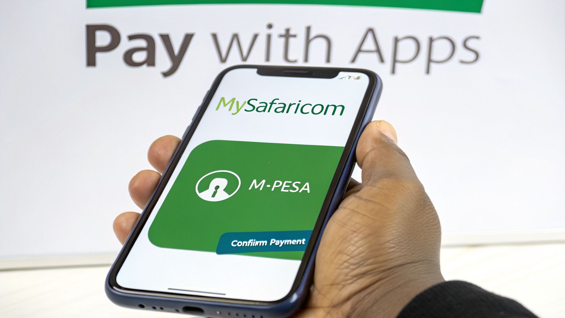 A hand holding a smartphone displaying the MySafaricom app with M-PESA payment option on screen.