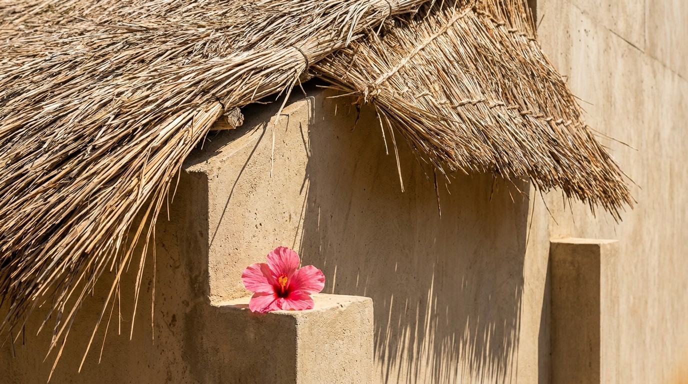 A close-up architectural detail showing a sand-colored concrete wall meeting a hand-woven thatch roof, with a single bright pink hibiscus flower resting on a ledge.