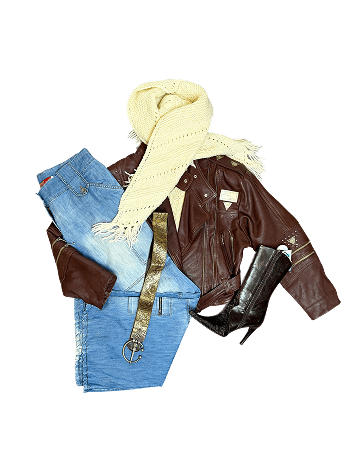 Clothes: jeans, leather jacket, scarf, belt, & high-heeled ankle boot on black.