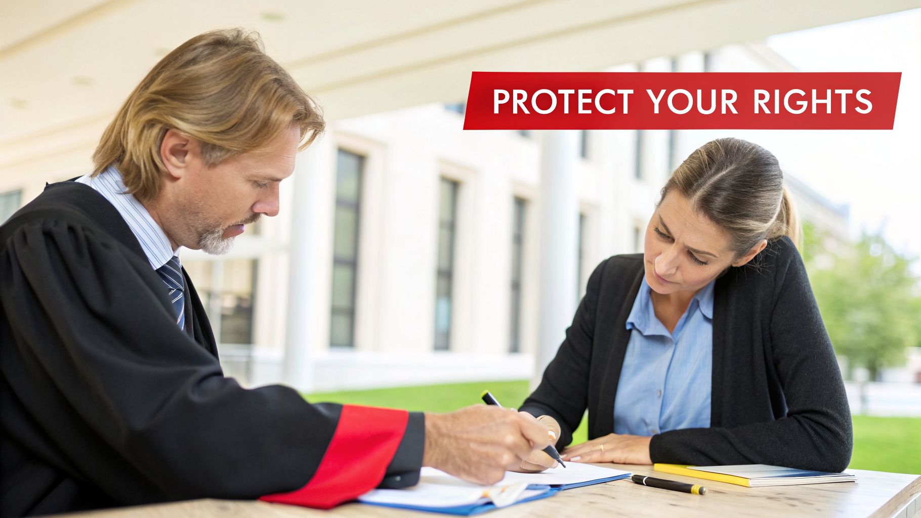 A male lawyer in a robe and a female client review documents at a table, with a red banner saying 'PROTECT YOUR RIGHTS'.