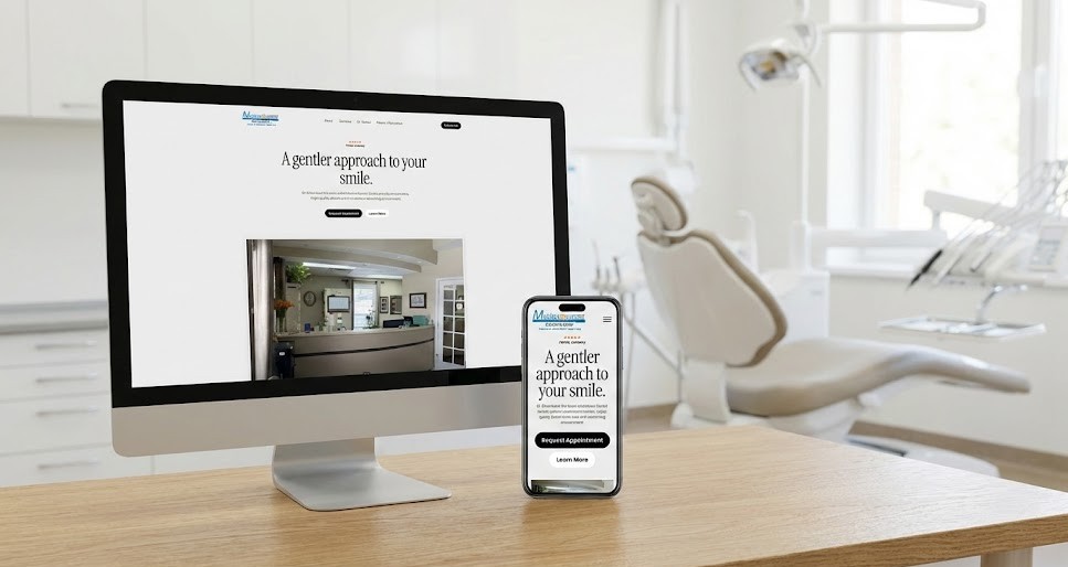 Professional responsive design mockup of the Middletown Dental Center website, displayed on a desktop monitor and smartphone in a bright dental office setting.