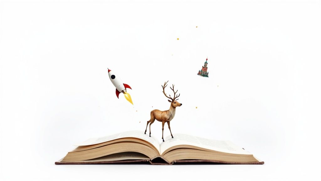 Open book with rocket, deer, and castle emerging from pages representing imagination and storytelling