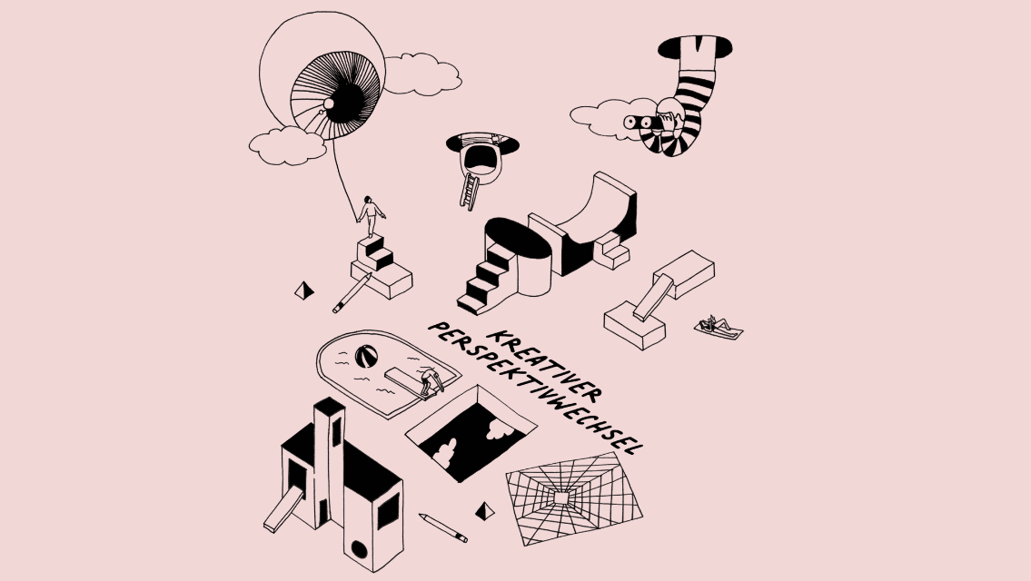 Isometrische Darstellung eines kreativen Perspektivwechsels, beispielsweise einem Pool, in dem man in Wolken eintauchen kann und vreschiedenen architektonischen Elementen