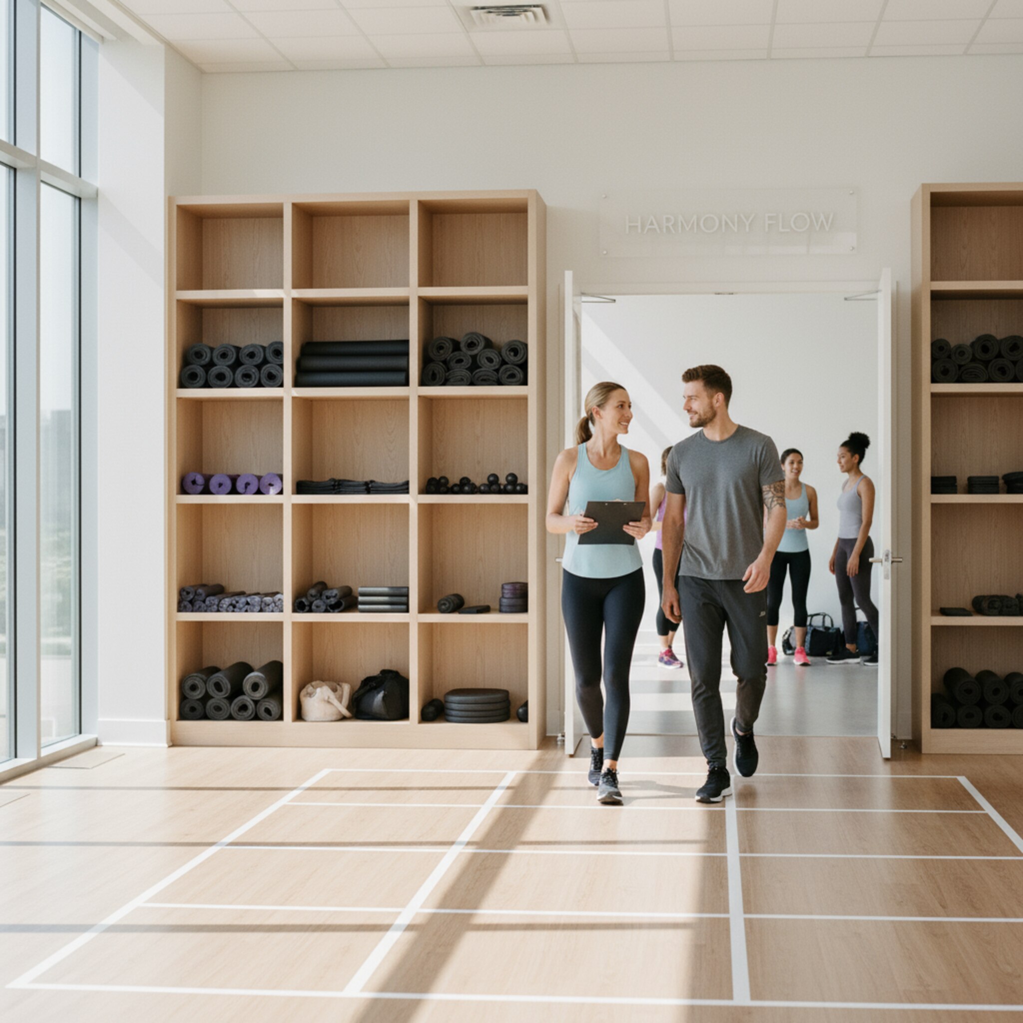 In einem hellen Studio tauscht ein Trainer vor Kursbeginn diskret den Raum mit einer Kollegin, während Teilnehmende in kleinen Gruppen ankommen. Sonnenlicht, klare Linien und geordnete Materialien zeigen eine ruhige, verlässliche Organisation. Die Szene vermittelt Koordination ohne Hektik.