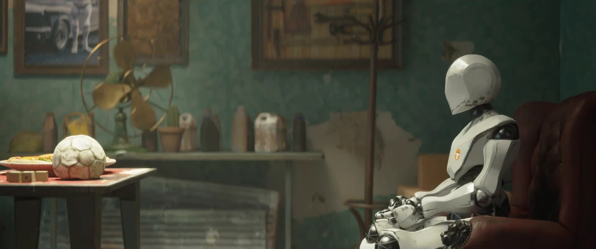 Robot character seated in the cinematic interior