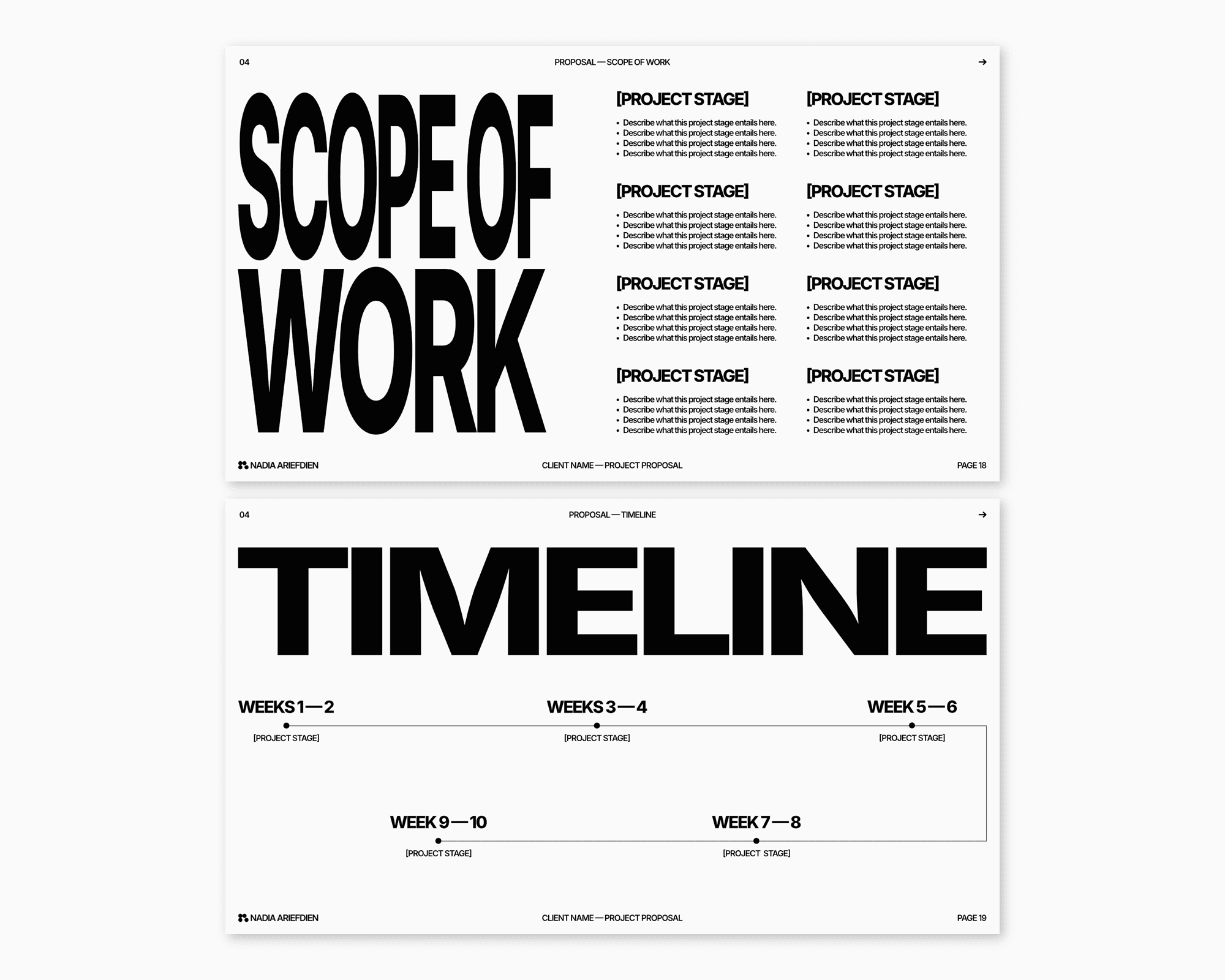 Two pages from Nadia Ariefdien's Project Proposal Presentation Template.