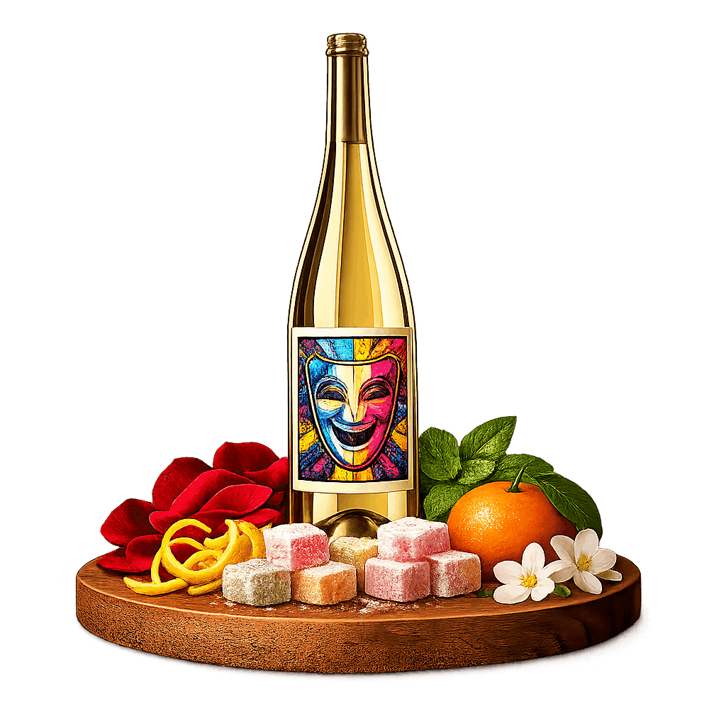 Artistic label and flavor profile for Greek Moschofilero on a rustic wooden table.