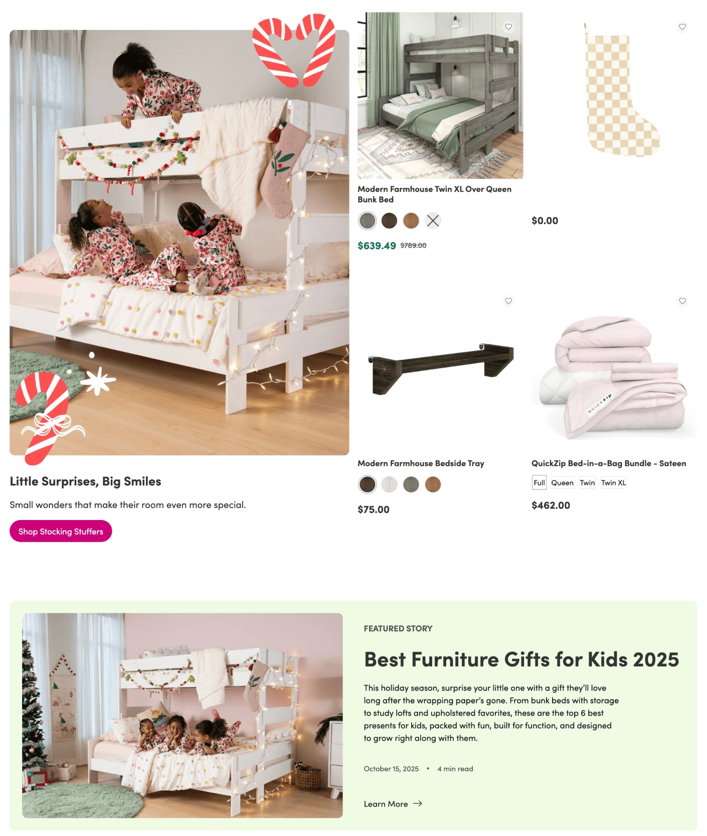 Section of a kids furniture website featuring a stocking stuffers section, highlighting lower priced items to supplement a larger furniture purchase. Below this section is a blog callout for "the best furniture gifts for kids 2025."