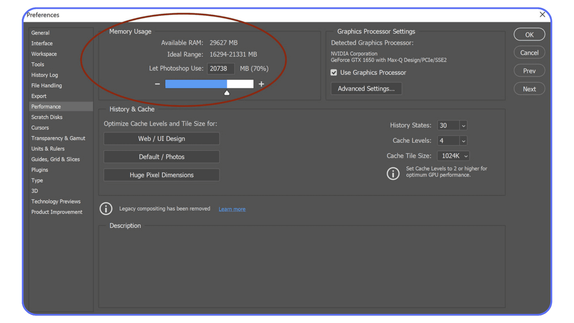 Photoshop Performance Preferences showing available RAM, ideal range, and the slider to adjust how much memory Photoshop is allowed to use.