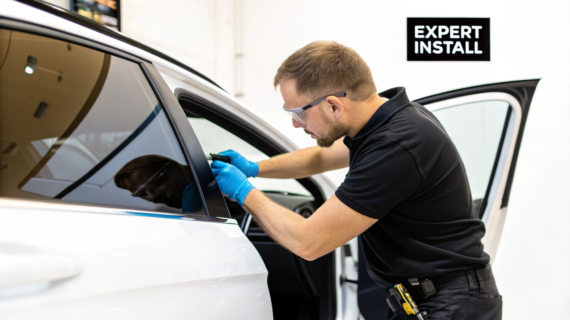 A professional technician wearing safety glasses and blue gloves expertly installs window tint on a white car.