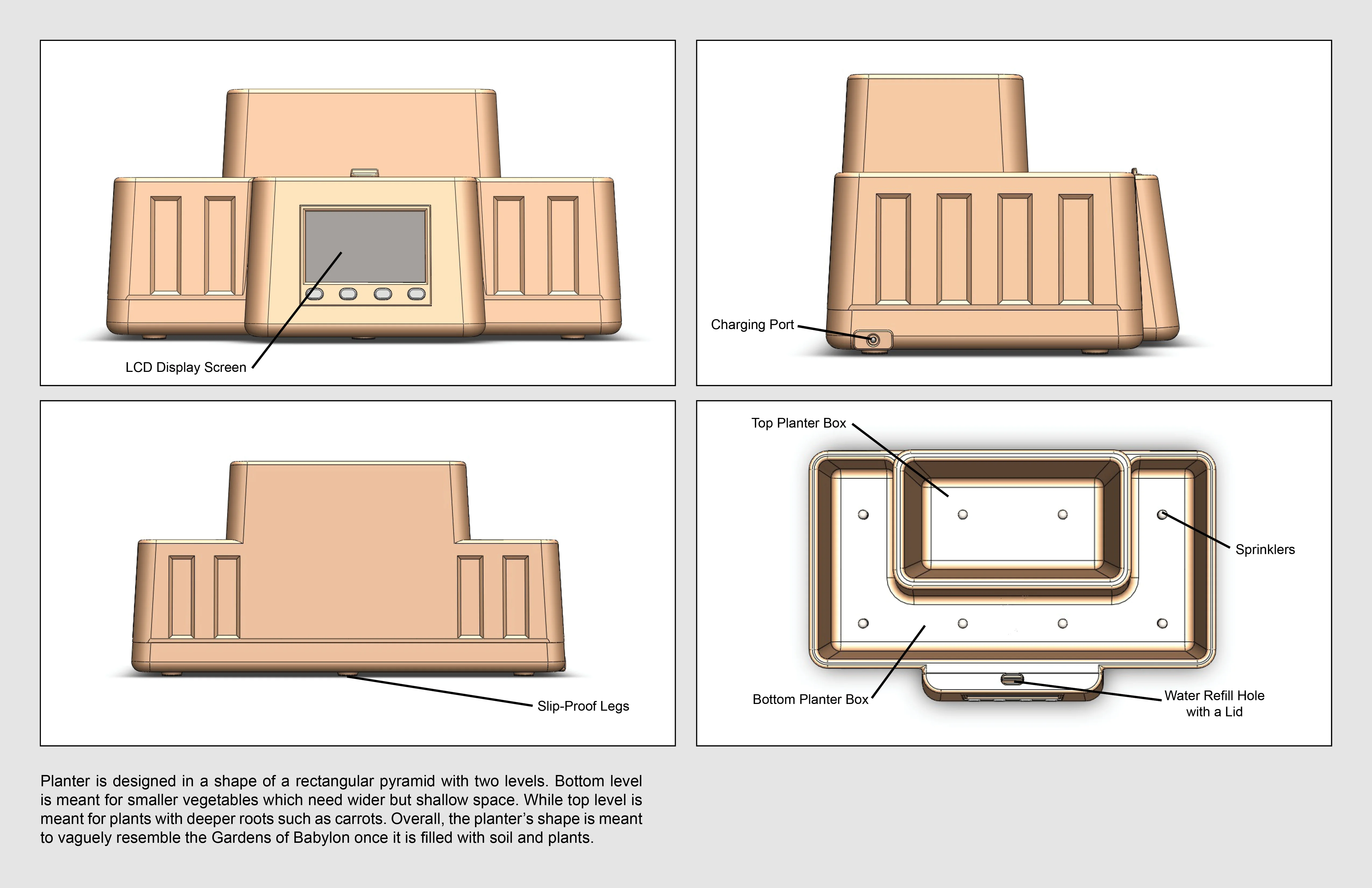 3D views of the planter with explanation.