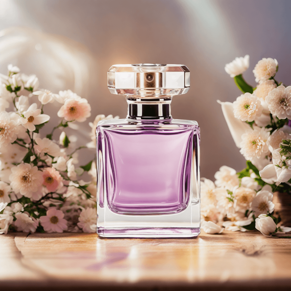 Bottle of perfume on a marble table. Image generated by AI using Fuzer