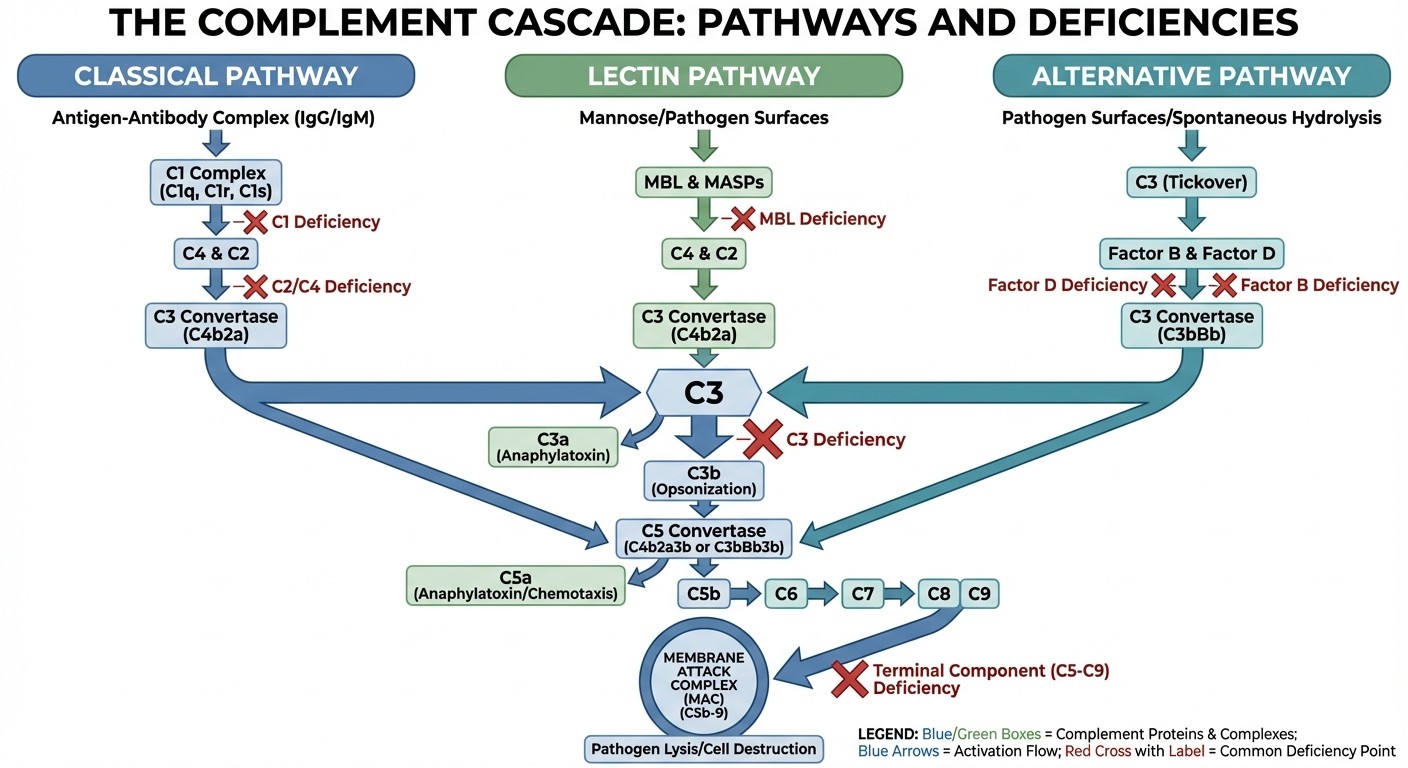 Complement system pathways diagram showing classical, alternative, and lectin pathways for NEET PG immunology