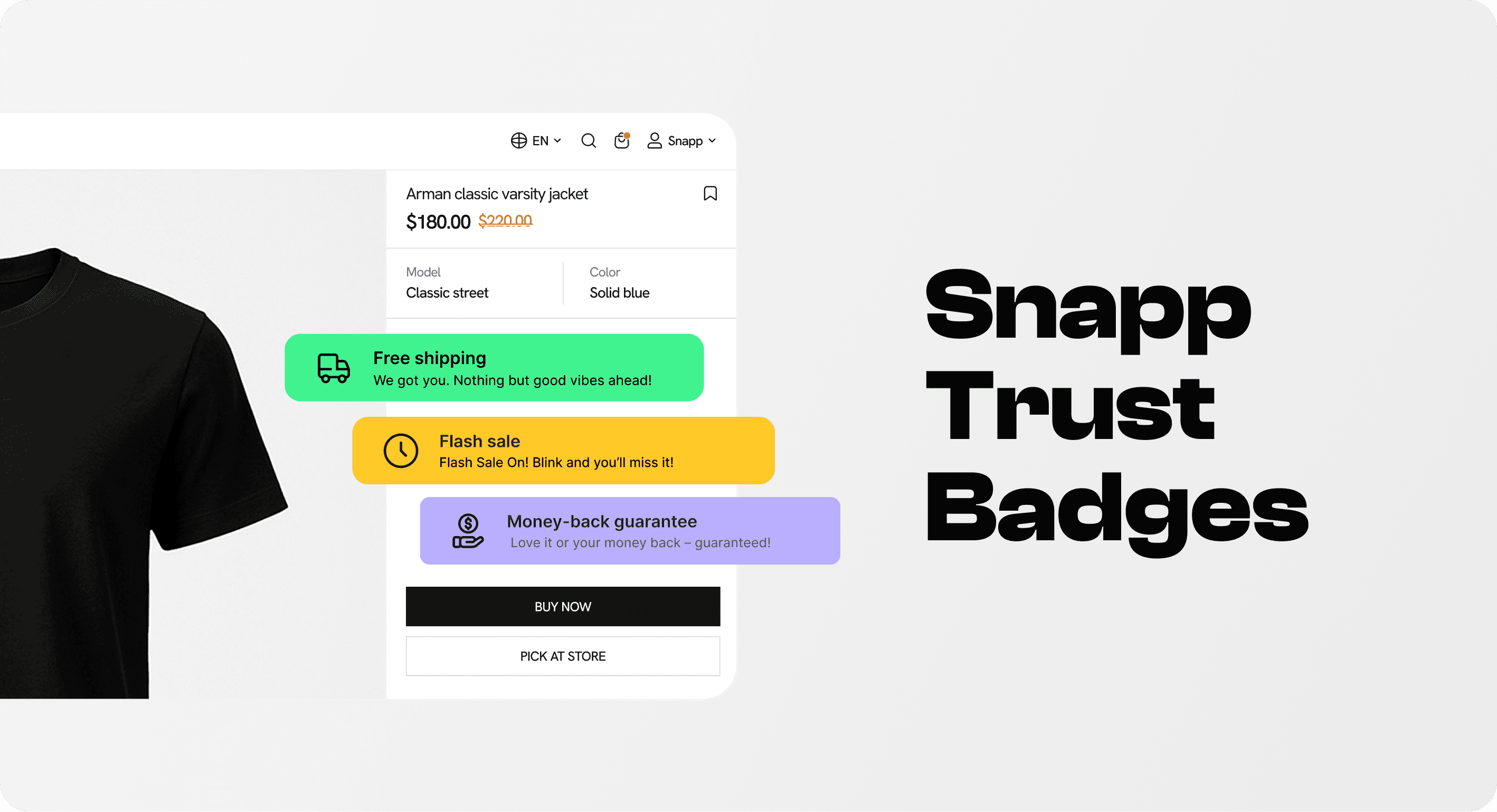 Snapp Trust Badges example on a Shopify product page with free shipping, flash sale, and money-back guarantee badges