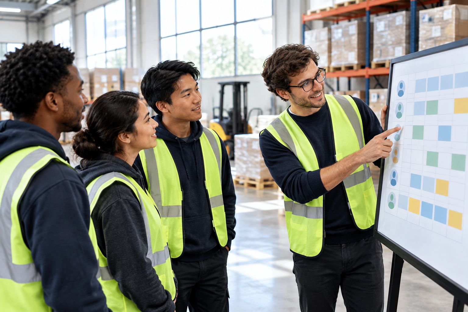 New warehouse hires reviewing a shift schedule with a supervisor