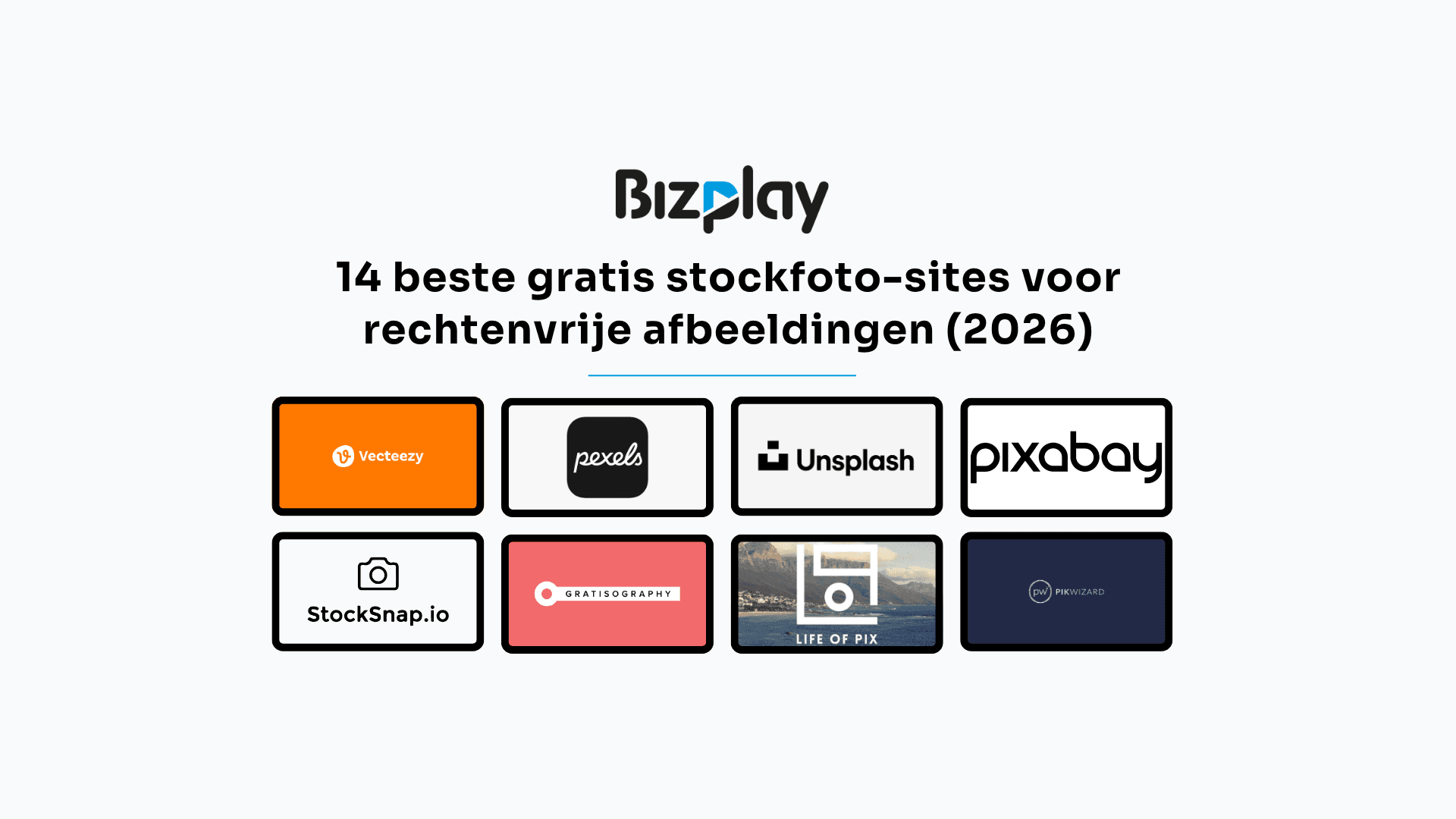Bizplay-blogafbeelding met de 14 beste gratis stockfotowebsites om rechtenvrije afbeeldingen te downloaden.