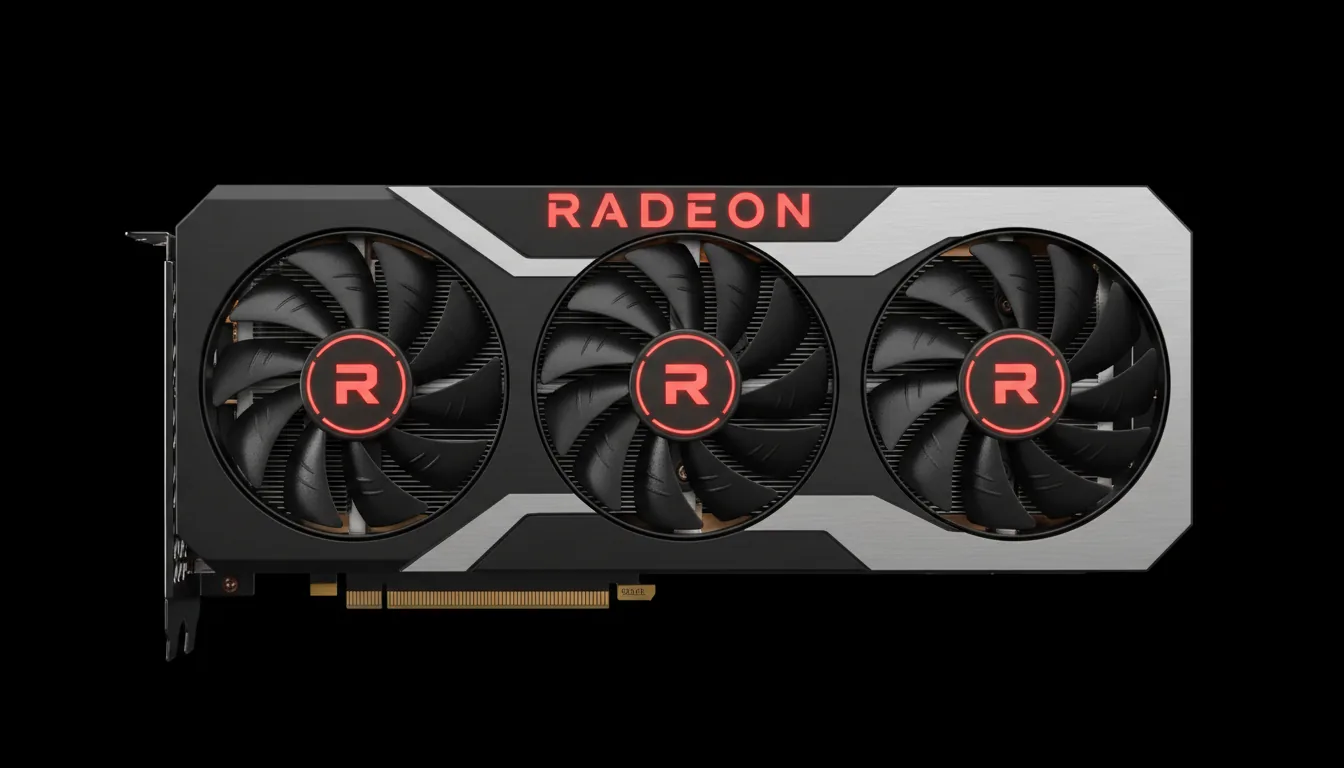 Studio product shot of a modern AMD Radeon gaming graphics card, isolated on a clean black background. The card features a triple-fan cooling design with a matte black and brushed silver metallic shroud. Each fan has a stylized 'R' logo in the center. Soft studio lighting evenly illuminates the hardware, highlighting the textures. The top edge of the card has the word 'RADEON' glowing in red. The gold PCI-e connector is visible along the bottom edge. DSLR photography, straight-on view, extremely high detail, sharp focus.