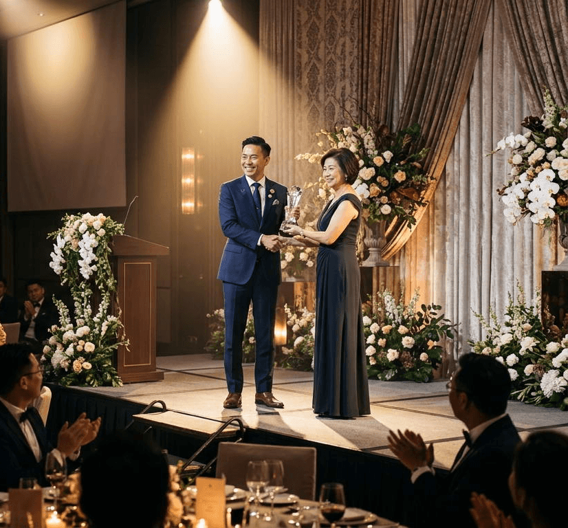 香港保險公司年度獎勵活動,專業舞台佈置及花卉裝飾,領袖為傑出Agent頒發獎座。