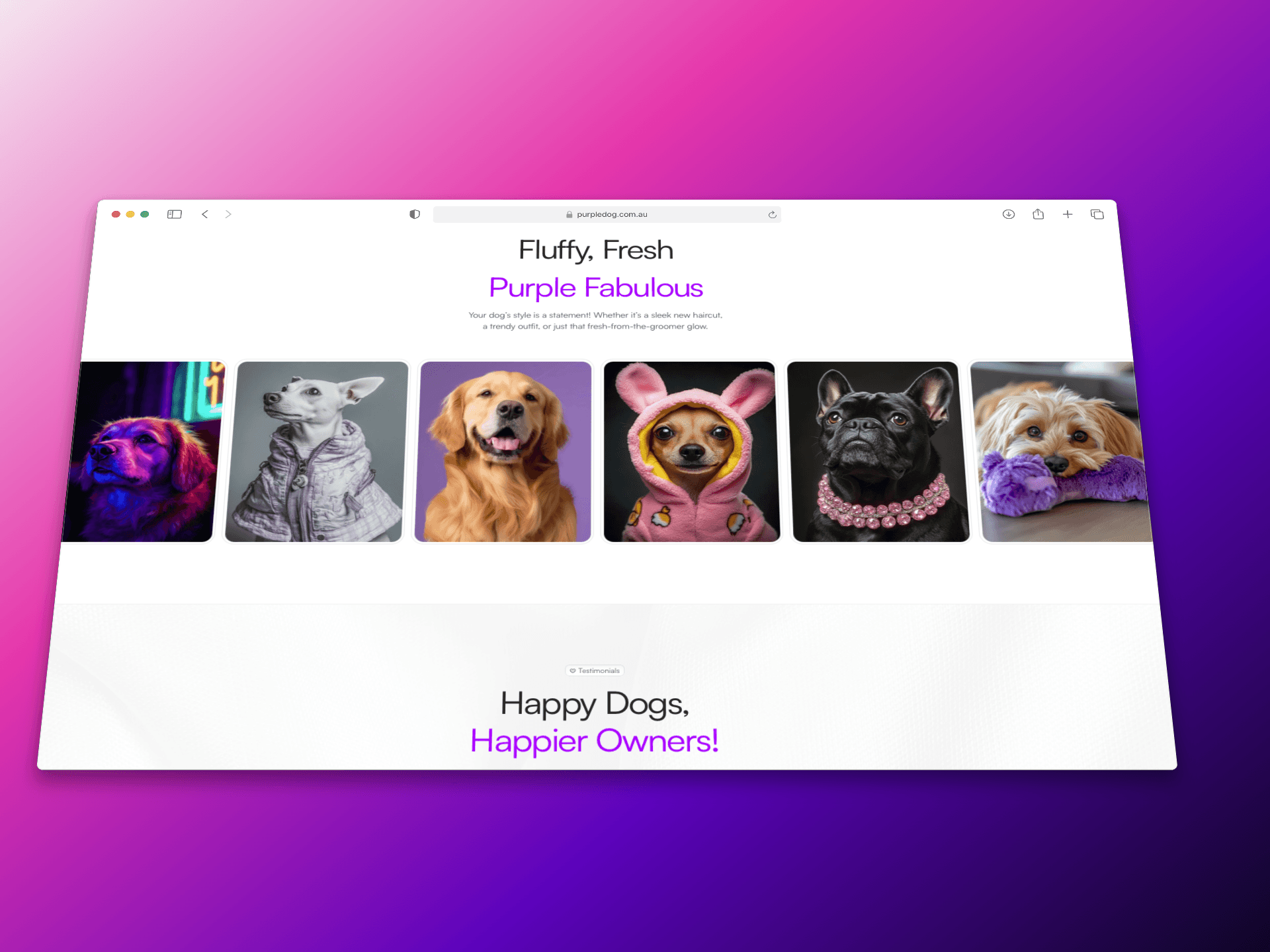 Laptop on a modern desk showing a homepage with “All Things Special & Essential for Your Dog” header and pet product cards.